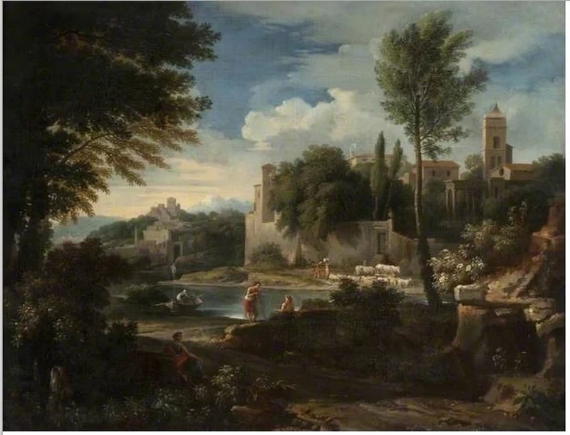 Paesaggio con un fiume e una città murata